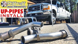 2001 F350 73  RiffRaff UpPipes Install  Stock up pipes leaking and falling apart JUNK SP [upl. by Sonitnatsok163]